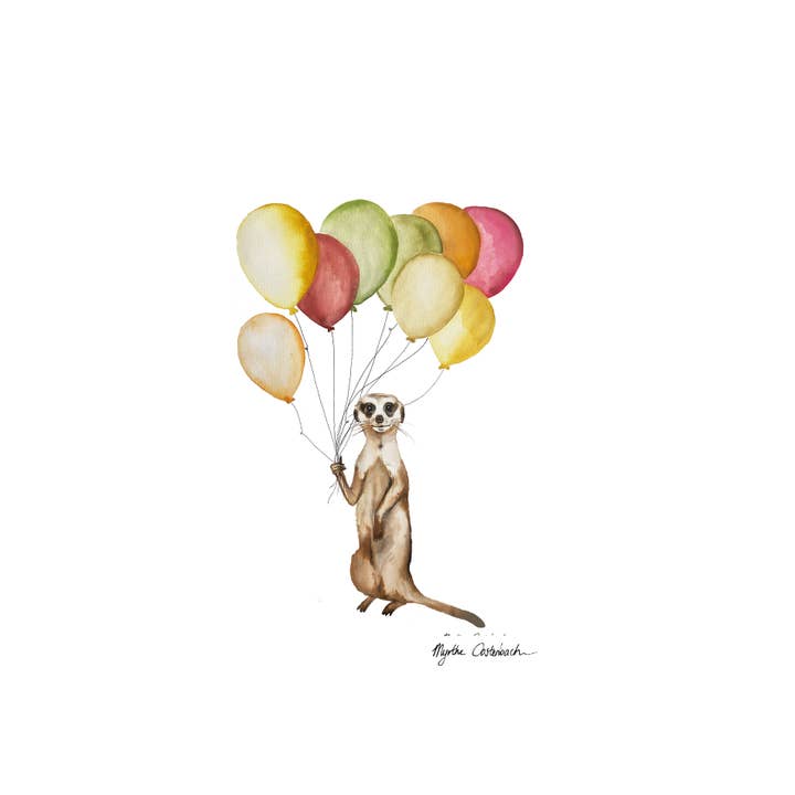 Myrthe Oostenbach Art - Wholesale Birthday Card - Meerkat with balloons Birthday Card1