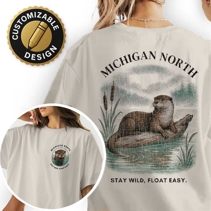 T-shirt Michigan North Otter – T-shirt Restez Sauvage Flottez Facilement, Souvenir de la Faune des Grands Lacs, Cadeau pour les Amoureux de la Nature et les Voyageurs pour la vente par Textile Graphix