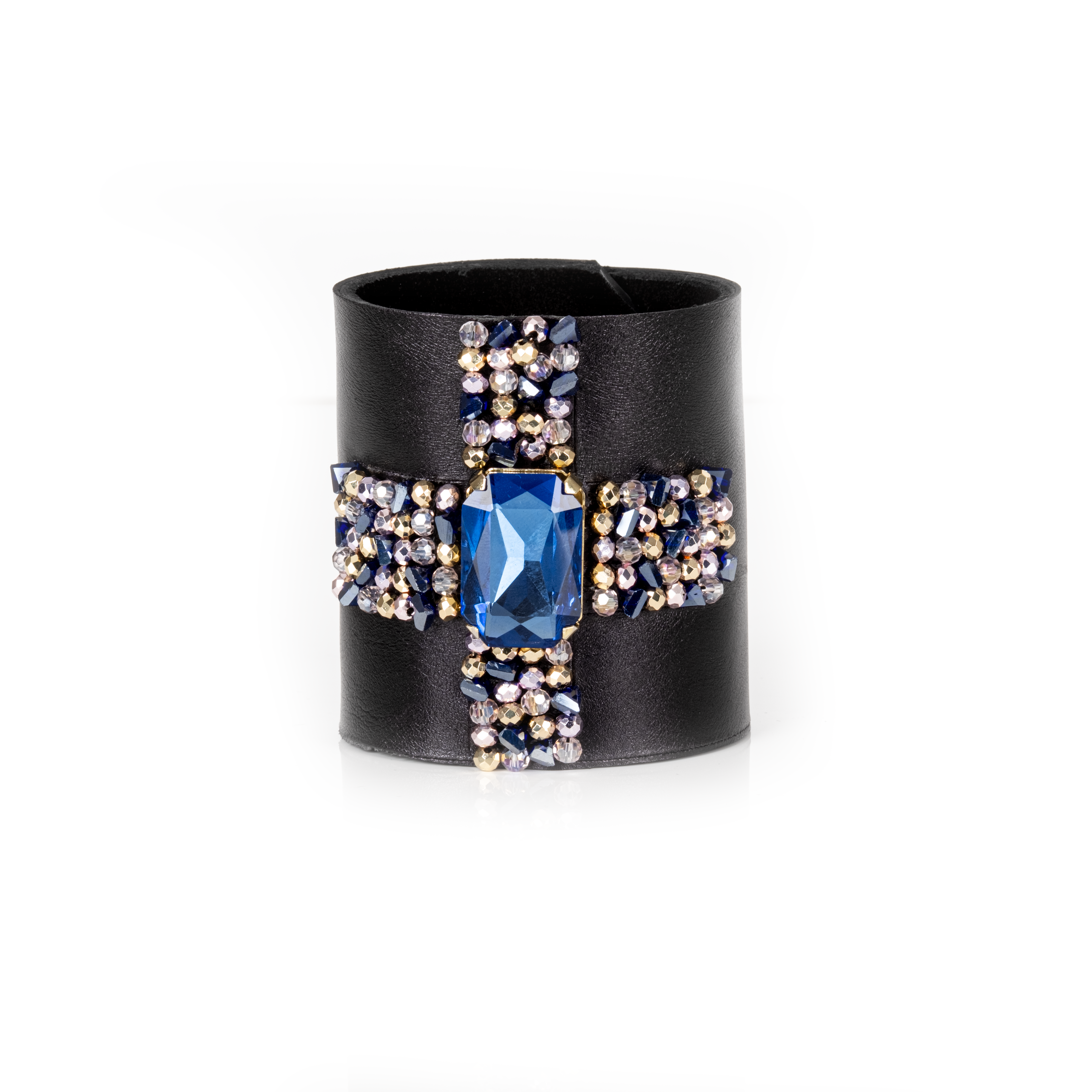The Dark - Wholesale Cuff Bracelet - Crystal Ribbon Leather Cuff Bracelet Black & Sapphire Ice2