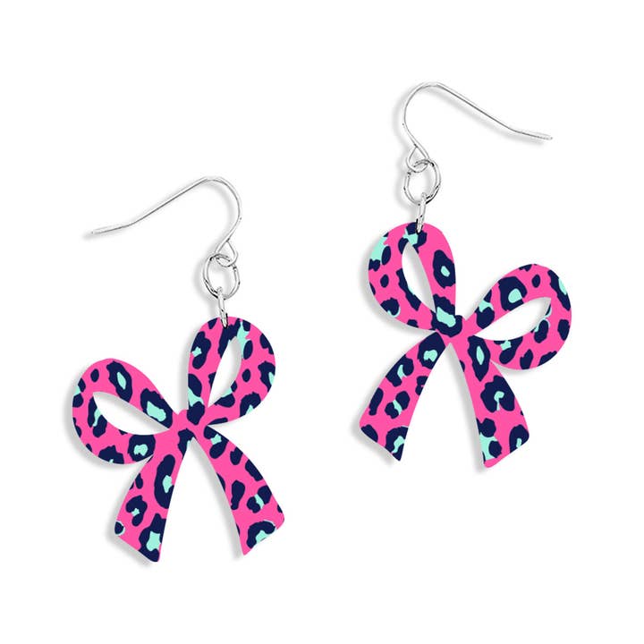 Hot Pink Leopard Bow Earrings for wholesale by Viv&Lou