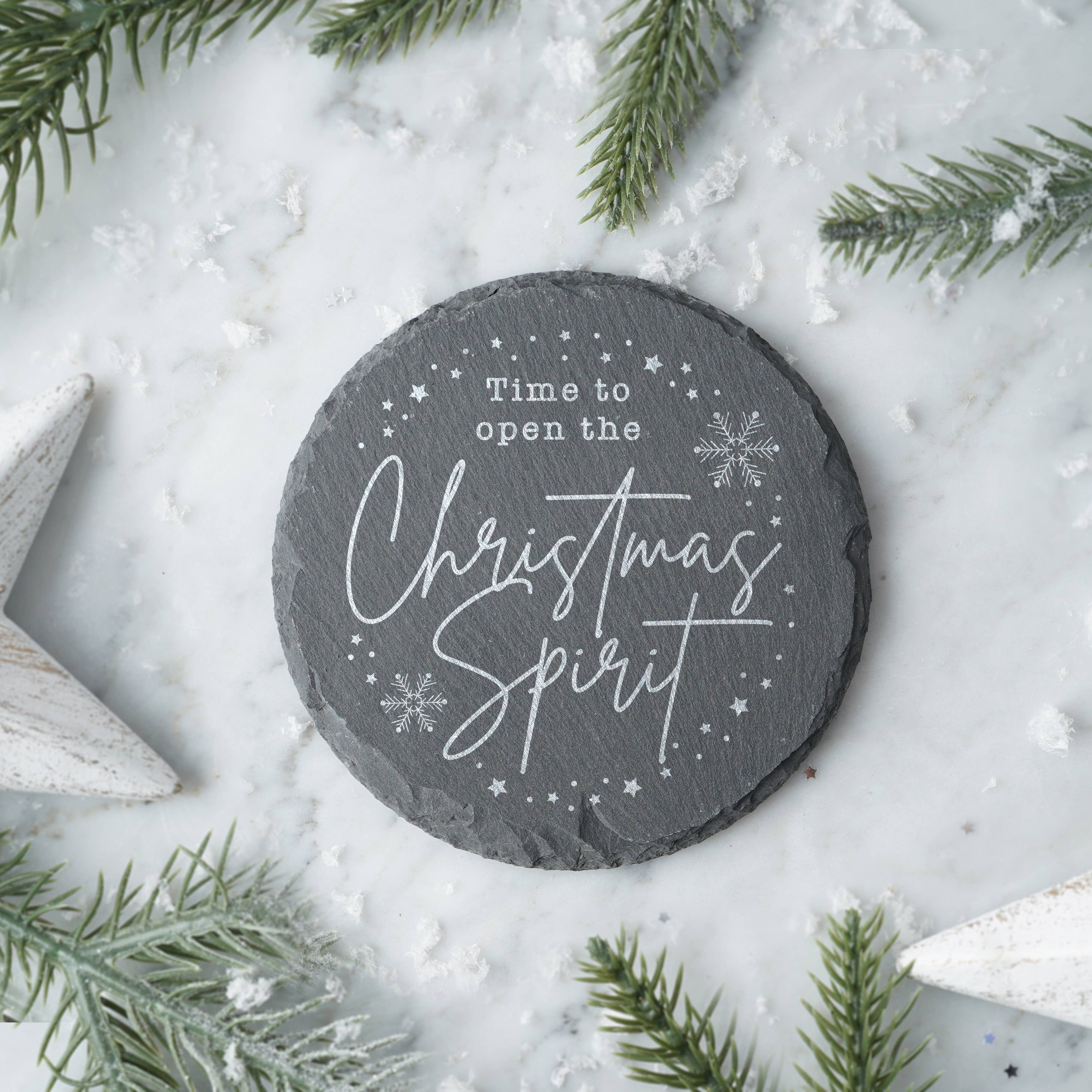 CGB Giftware – wholesale Coasters – 'Time To Open The Christmas Spirit' Round Slate Coaster0