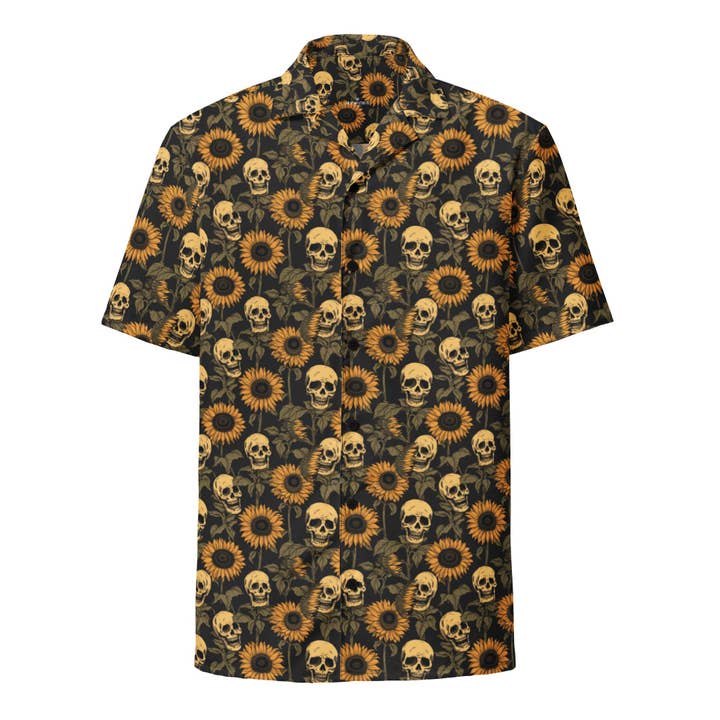 Chemise hawaïenne à boutons avec crâne de tournesol pour la vente par Salty Skeleton Co.