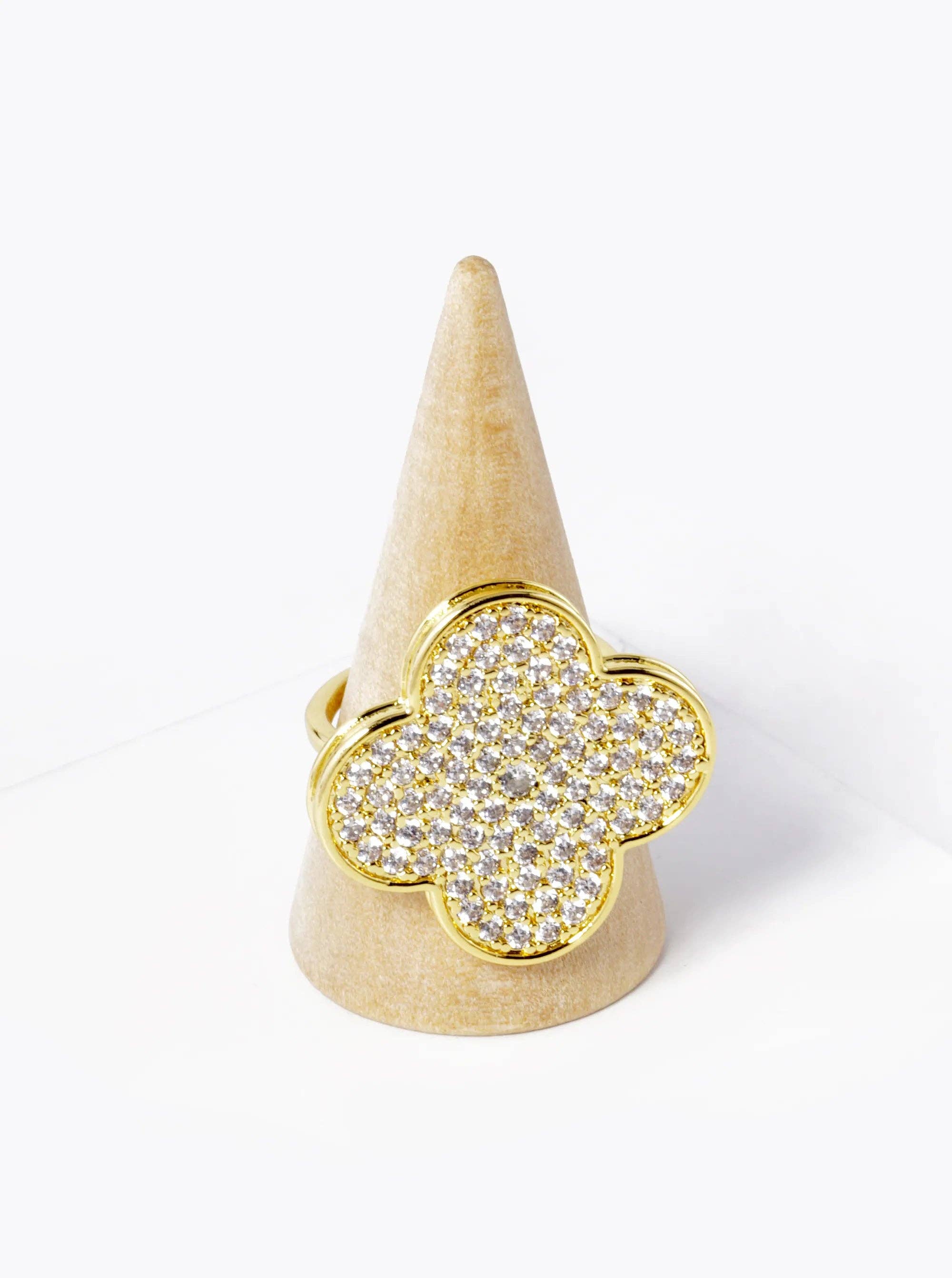 Wild Honey - Wholesale Multi-Stone Ring - 18K Gold Dipped Cz Pave 25Mm Quatrefoil Adjustable Ring0