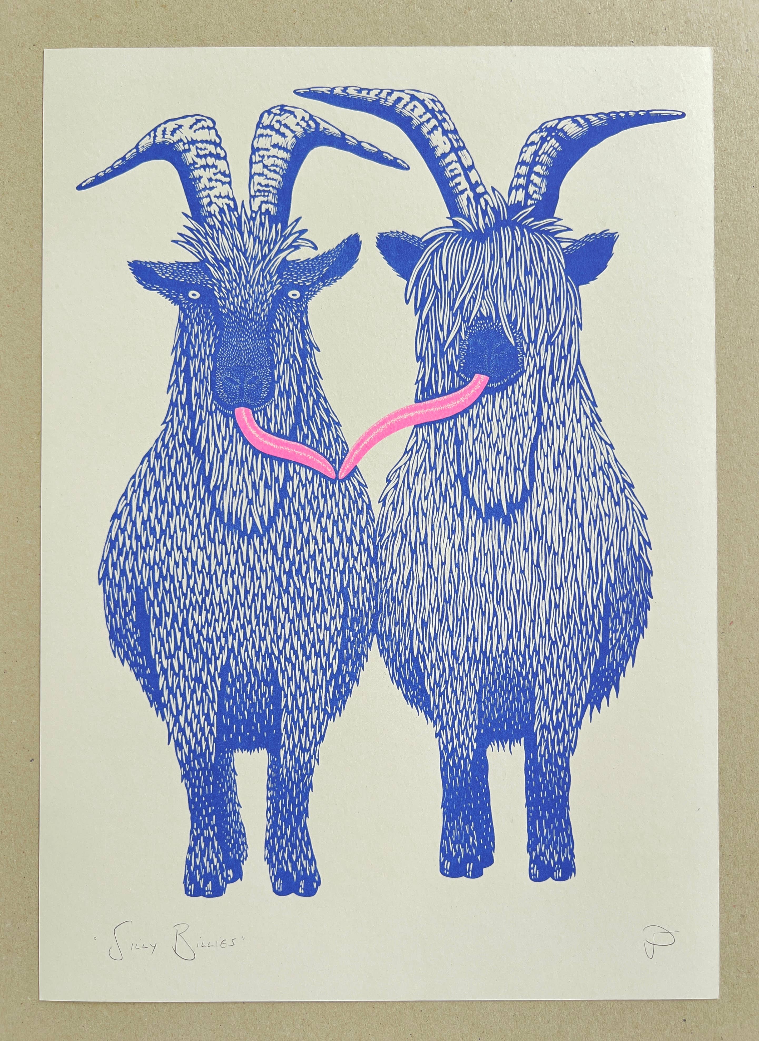 Strangford - Vente Affiche d'art - « Silly Billies » – Impression riso bleu moyen et rose fluo1