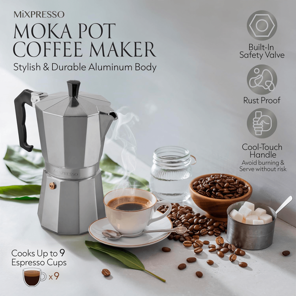 Mixpresso - Wholesale Percolator - Mixpresso 9 Cup Moka Pot Cuban Coffee Maker, Moka Pot for Gas, Electric Stove Top, Classic Italian Coffee Maker, Stovetop Espresso Maker, Camping Pot Makes 9 Espresso Cup 14 Oz3