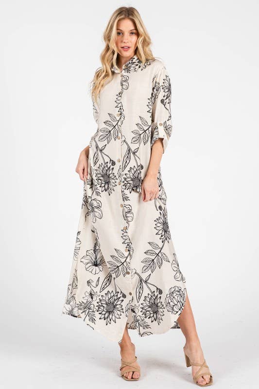 Pink Irene Wholesale - Wholesale Dress - Women's - Women Woven Floral Print Button-Down Maxi Dress13