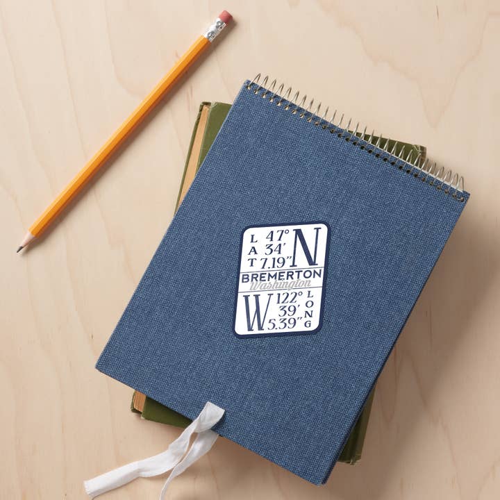 Lantern Press – wholesale Sticker – STICKER Bremerton, Washington, Latitude and Longitude (Blue)2
