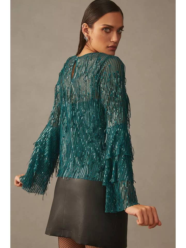 Eva Franco - Wholesale Blouse - Women's - Fall Long Sleeve Sequin Fringe Top – Glitter Pine3