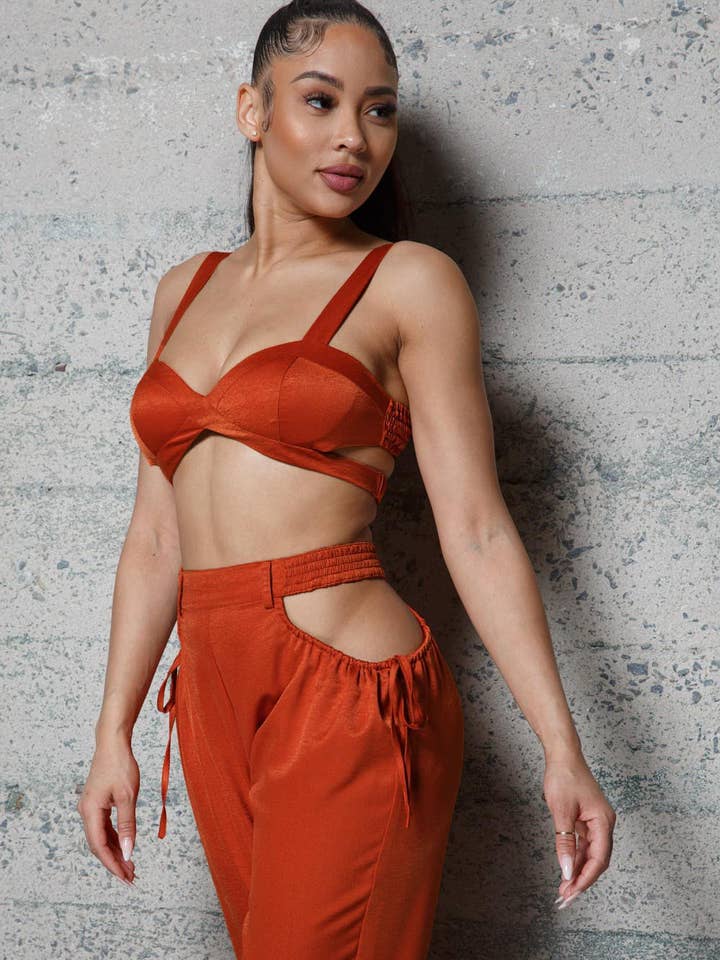 TWO PIECE NATURAL CRINKLED SATIN WOVEN SET for wholesale by Melrose with Love