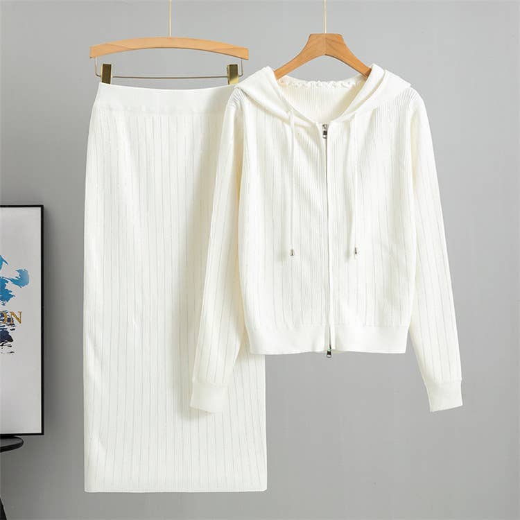 HIDDENBRAND - Wholesale Top & Skirt Set - Women's - hotfix rhinestone zip up knit hoodie jacket & midi skirt set1