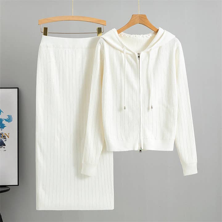 HIDDENBRAND - Wholesale Top & Skirt Set - Women's - hotfix rhinestone zip up knit hoodie jacket & midi skirt set1