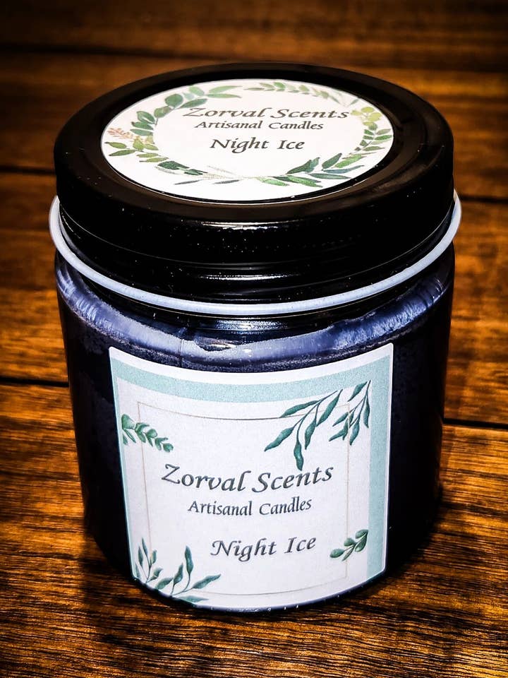 Parfum de glace nocturne, bougie à la cire de noix de coco et de soja, pot transparent, 8 oz pour la vente par Zorval Scents