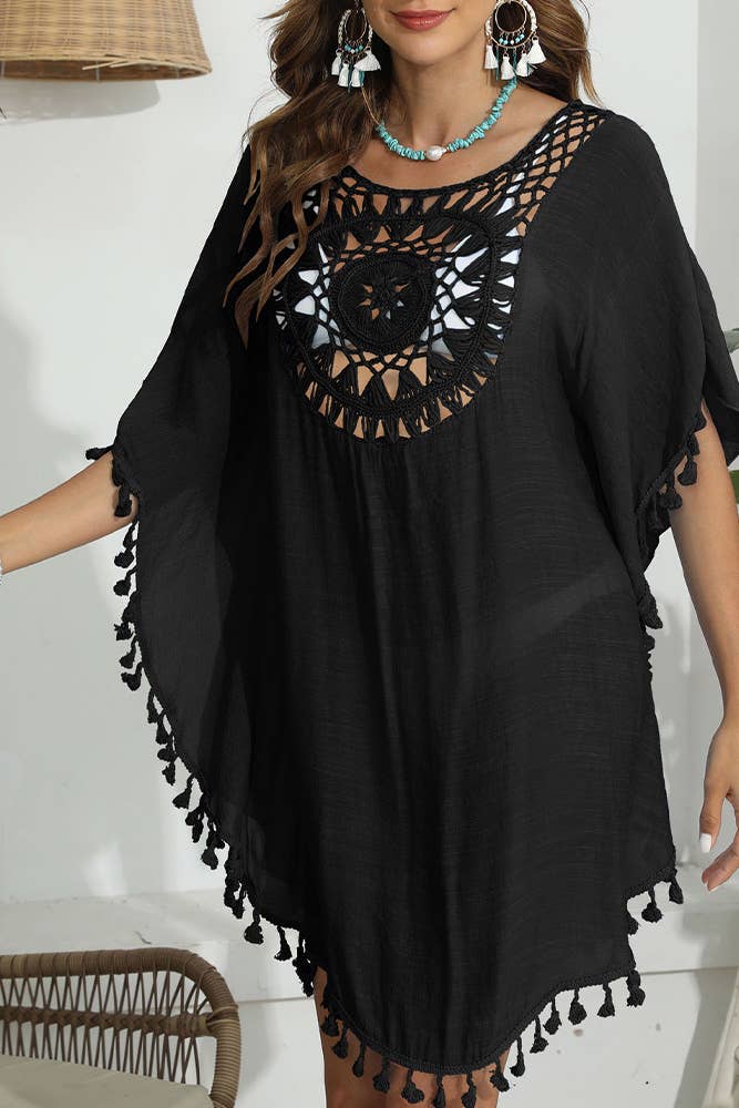 UNISHE – Engroshandel Strandbadekåbe – Dame – Tassle Hæklet Plain Beach Cover Up Kimono OYM03411