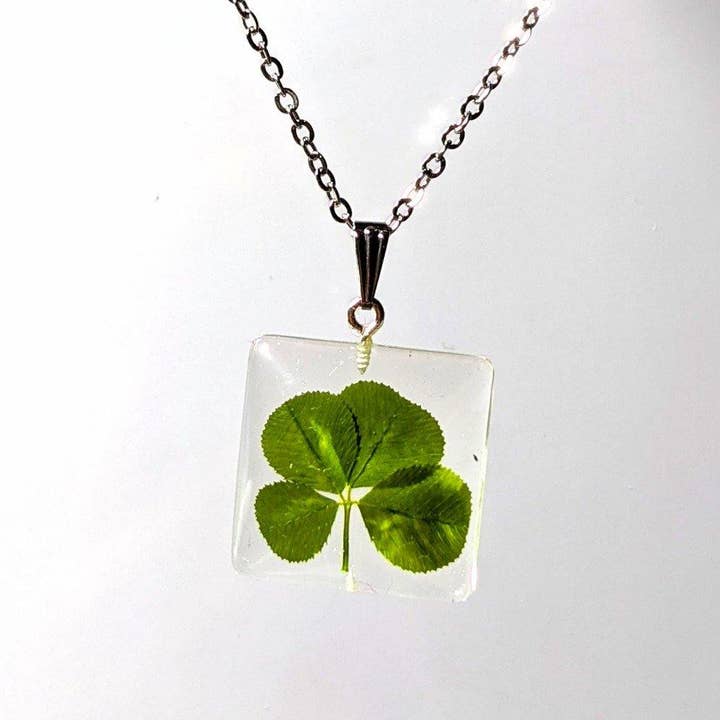 Four Luck: Real 4 leaf clover pendant chain necklace for wholesale by Nature's Lure