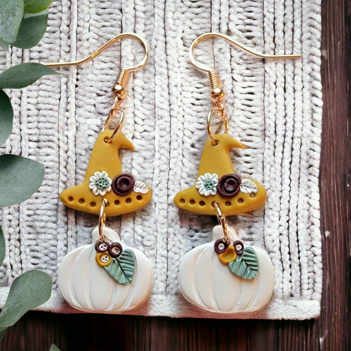 Clay Witch Hat and Floral Pumpkin Dangle Earrings Earrings for wholesale by Foxy Method