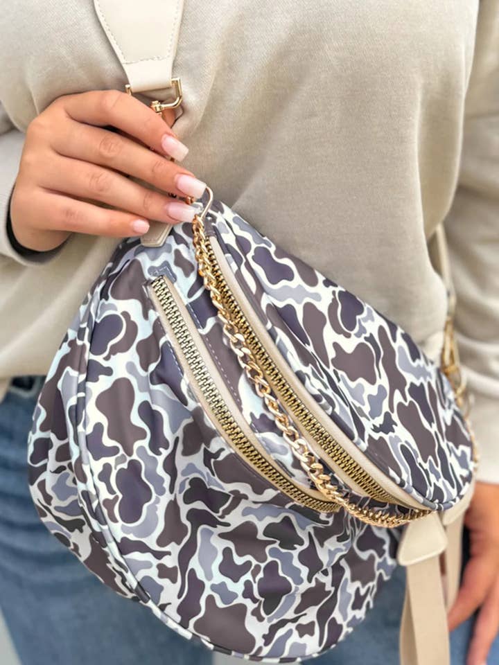 Grey camouflage Print Gold Chain Strap Double Zipper for wholesale by Our Home to Yours Candles & Gifts