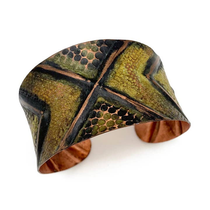 Copper Patina Bracelet - Light Green Lines and Rivets for wholesale by Anju Jewelry