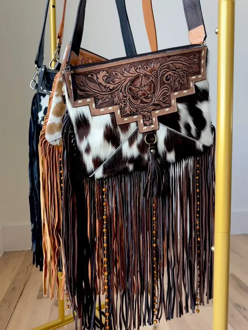 Boho Ranch Shop - Wholesale Crossbody Bag - Women's - DIXIE CROSSBODY cowhide Western Tooled Leather fringe purse8