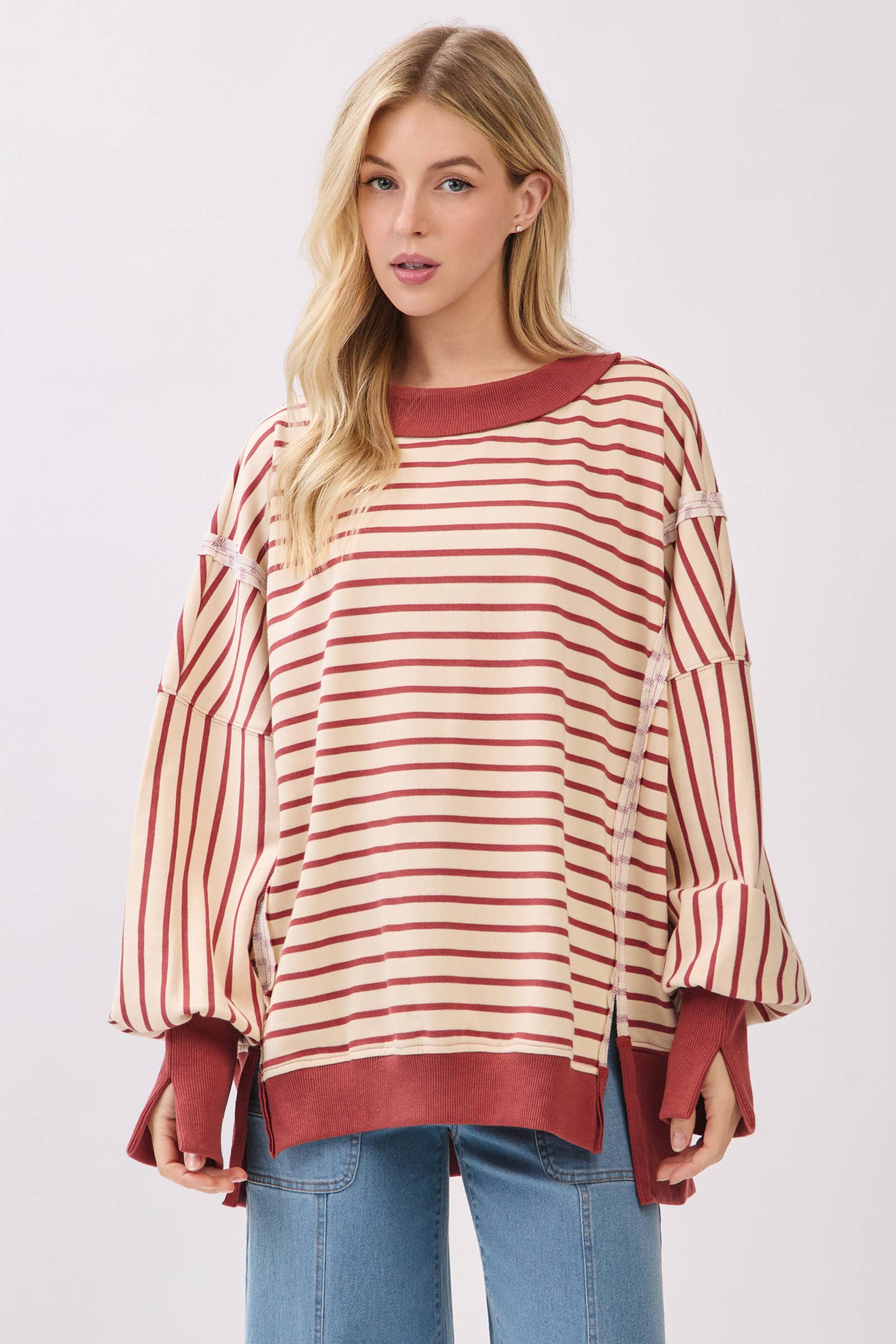 Sewn and Seen - Wholesale Sweatshirt - Women's - Striped Balloon Sleeve Terry Sweatshirt1