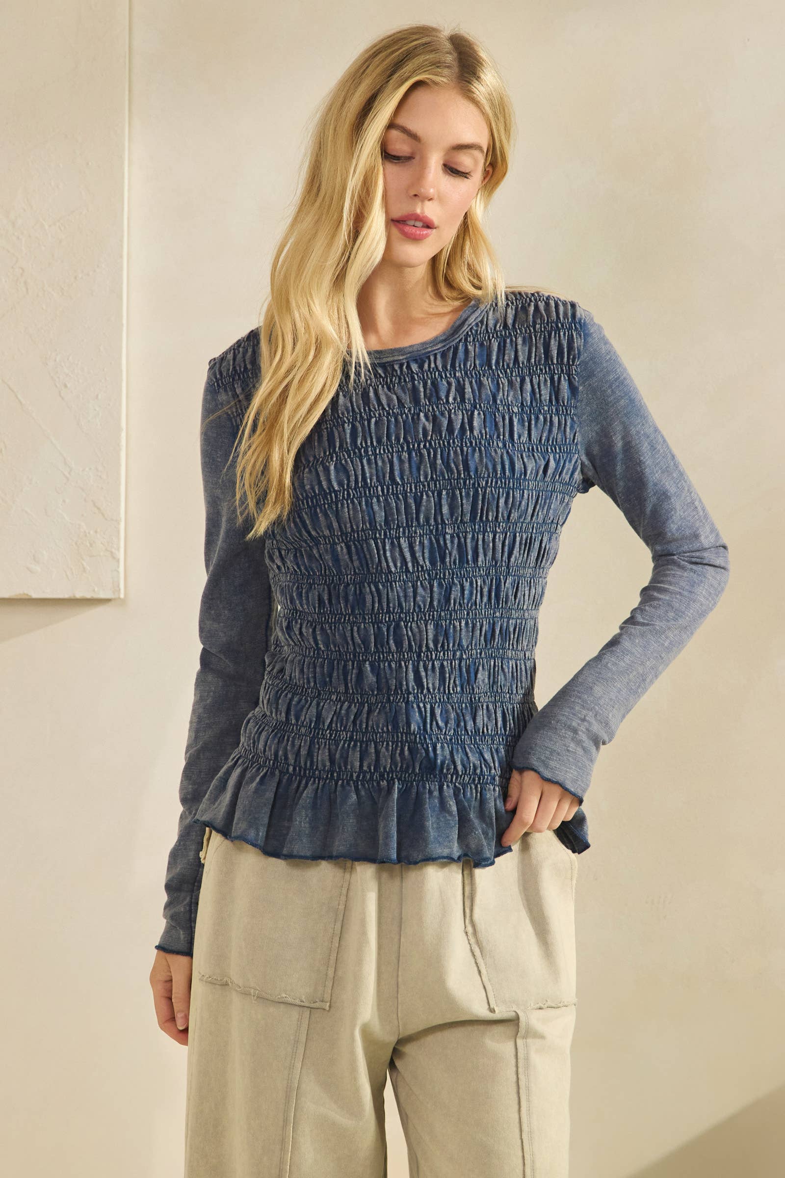 Sage + Fig - Wholesale Knit Top - Women's - SMOCKED PEPLUM LONG SLEEVE TOP (ST7986) 17