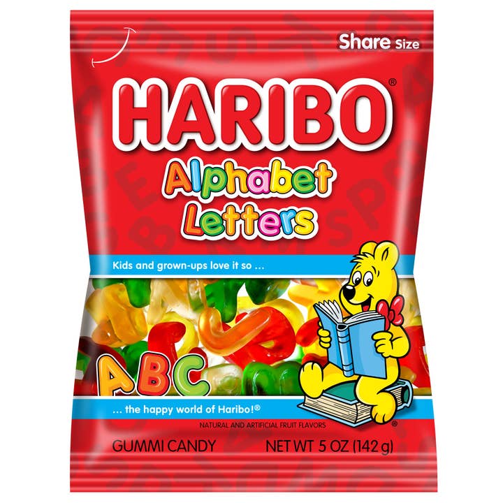 Haribo Alphabet Letters, 5oz, 12ct Case for wholesale by Grandpa Joe's Candy Shop