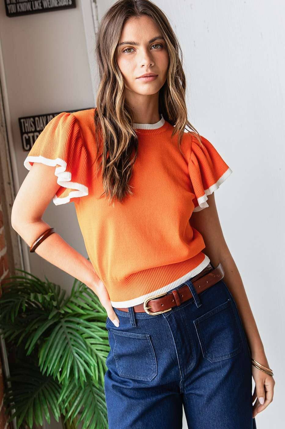 mittoshop - Wholesale Knit Top - Women's - SWEATER KNIT RUFFLE SLEEVE CONTRAST CROP TOP24