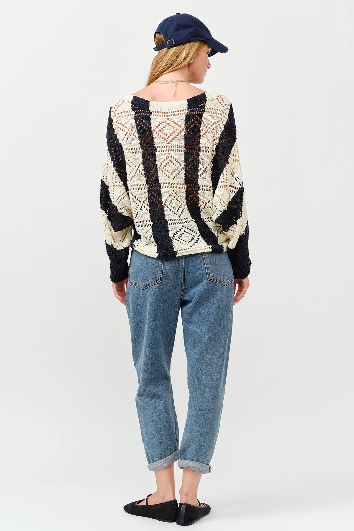 Ivory Navy Open Knit Crochet Sweater for wholesale on Faire7