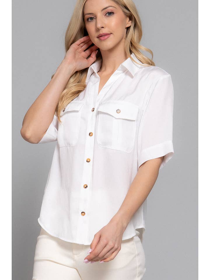 Active Basic | Active USA - Wholesale Button Down Shirt - Women's - Short Sleeve Button Down Washed Dull Satin Shirt13