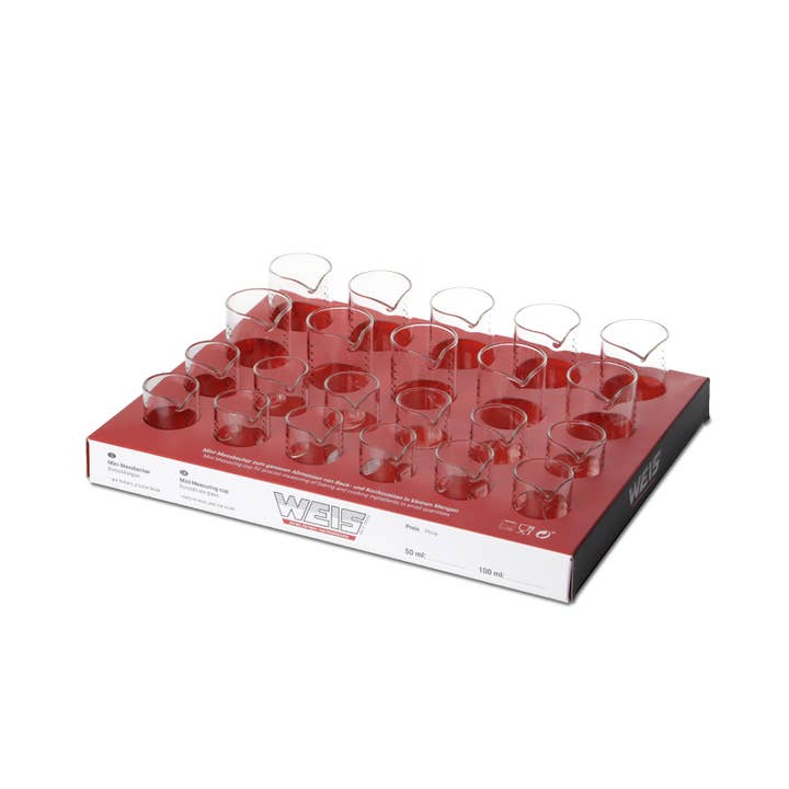 Karl Weis – Großhandel Messbecher – Mini Messbecher Glas Display 22 Stück: 12X 50ml + 10X 100ml