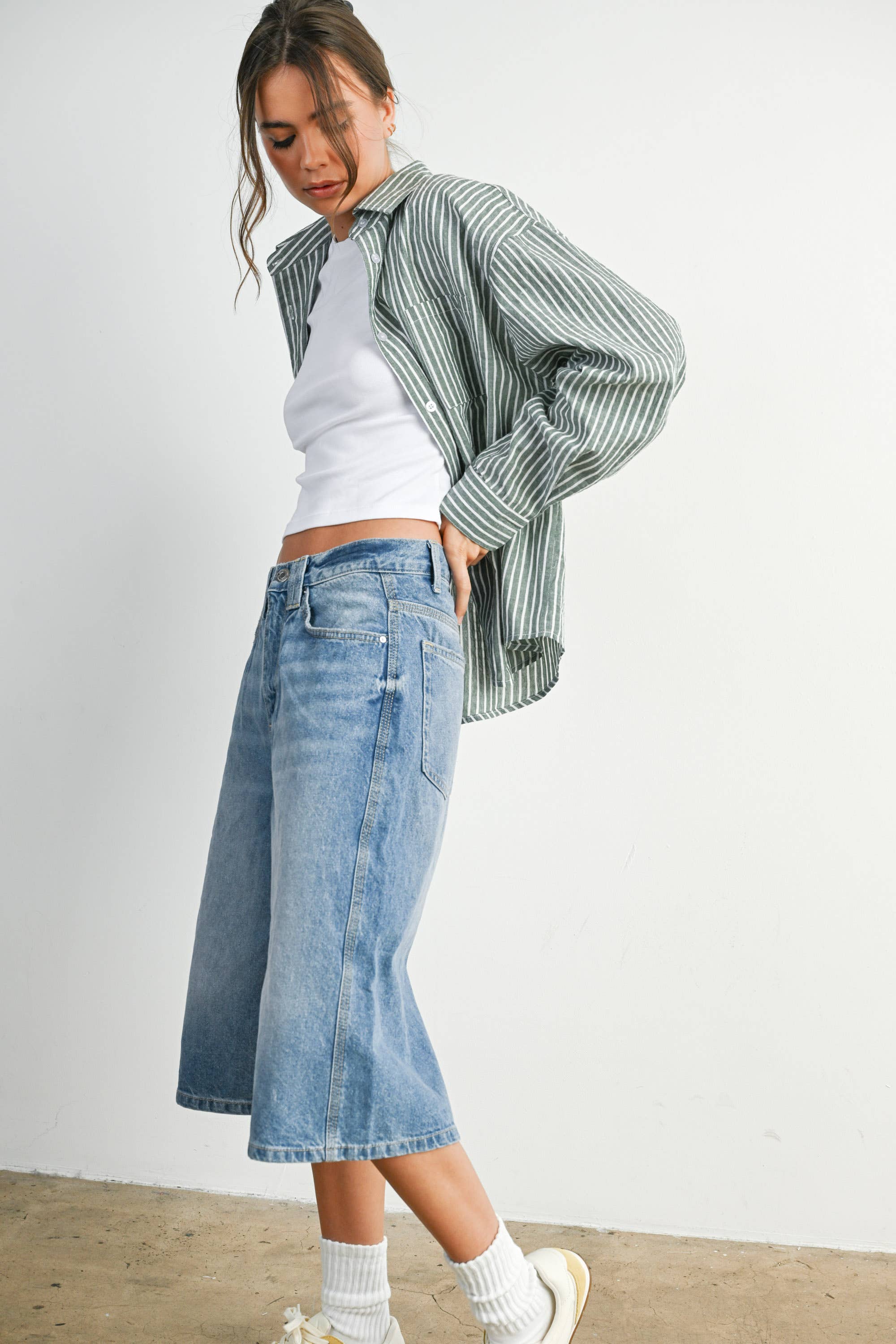 BUTTERMELON - Vente Chemise à col boutonné – femme - Haut à manches longues à rayures et col boutonné raccourci - BMT791546