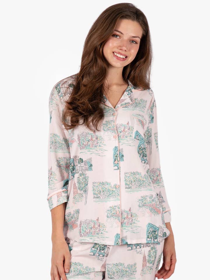 Imbali Charleston - Wholesale Sleepwear Set - Women's - Charleston Scene Pink 3/4 Pajama Set