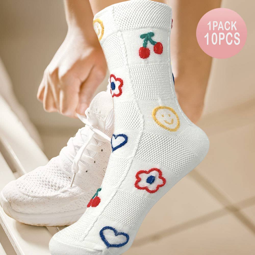 Sensibling Corp. - Wholesale Socks - Women's - 10Pairs - Cherry Flower Heart Smile Face Patterned Socks0