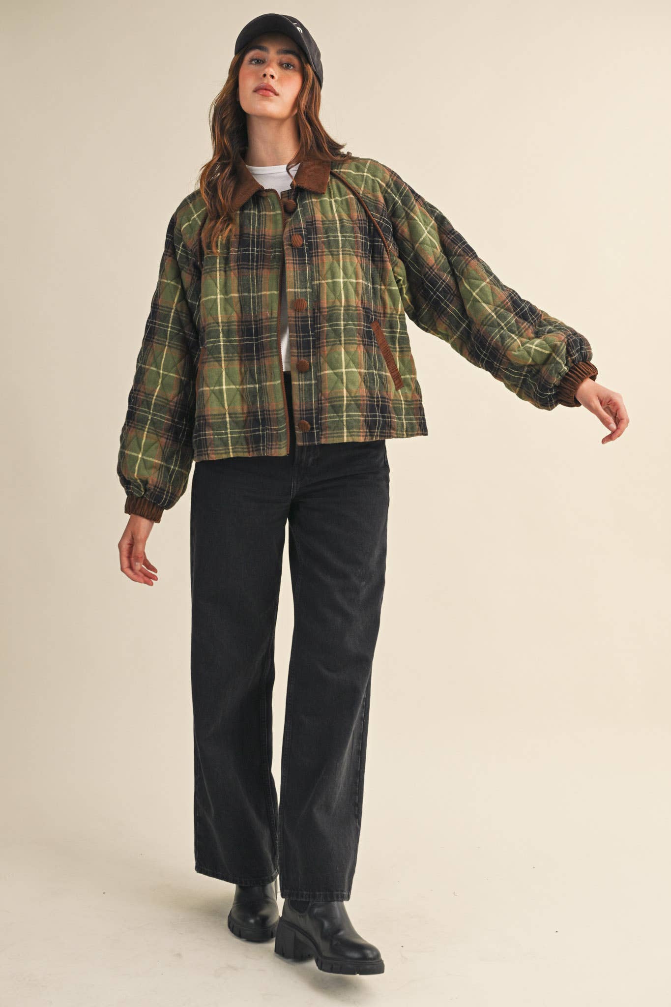 &MERCI - Wholesale Jacket - Women's - PLAID QUILTED JACKET WITH CONTRAST CORDUROY DETAIL MJK411521