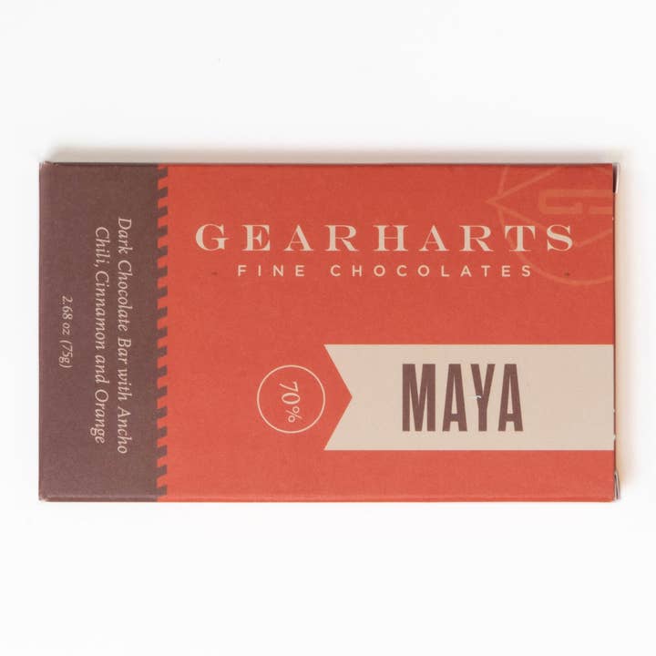 Maya Bar - Dark Chocolate with Ancho Chili, Cinnamon, Orange for wholesale by Gearharts Fine Chocolates