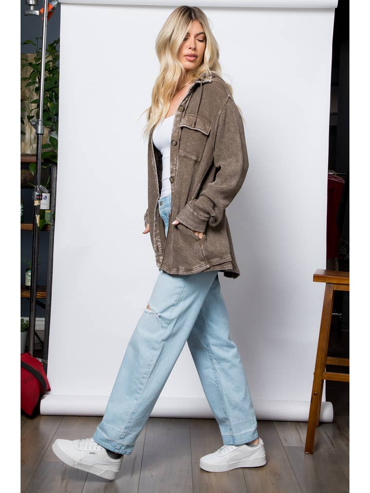 26 International - Wholesale Shirt Jacket/Shacket - Women's - Garment Dye Heavy Waffle Knit Hoodie Shacket9