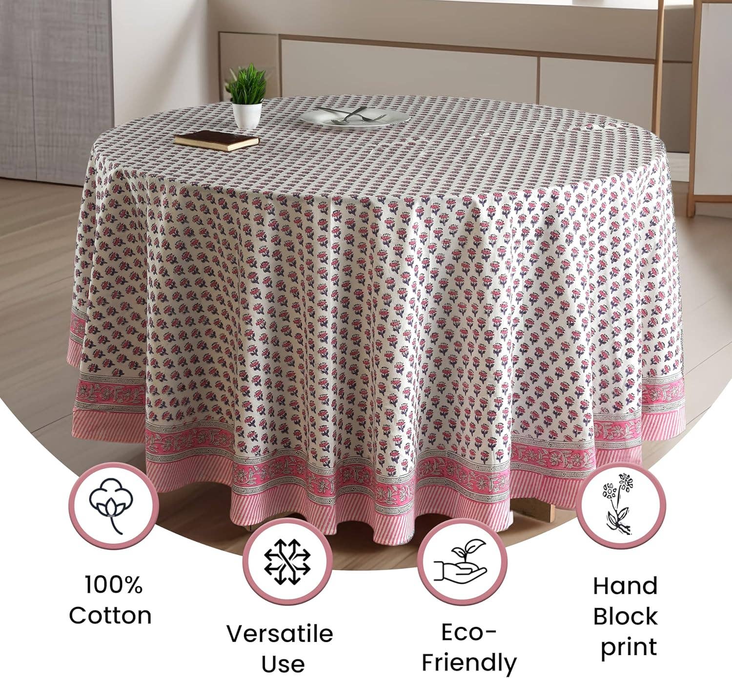 Cotton Print Club - Wholesale Tablecloth - Round Block Print Tablecloth – Pink Sapphire1