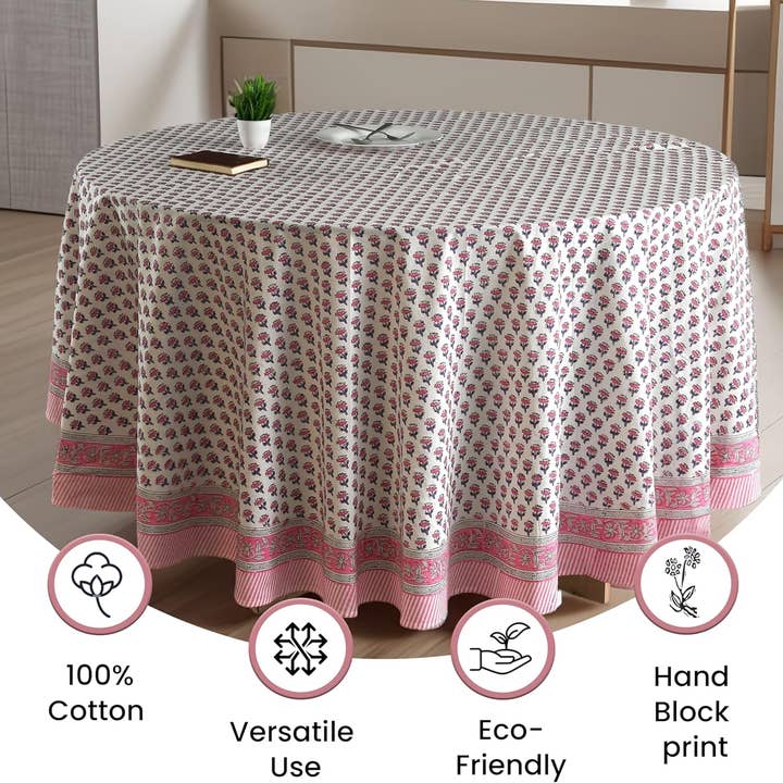 Cotton Print Club - Wholesale Tablecloth - Round Block Print Tablecloth – Pink Sapphire1