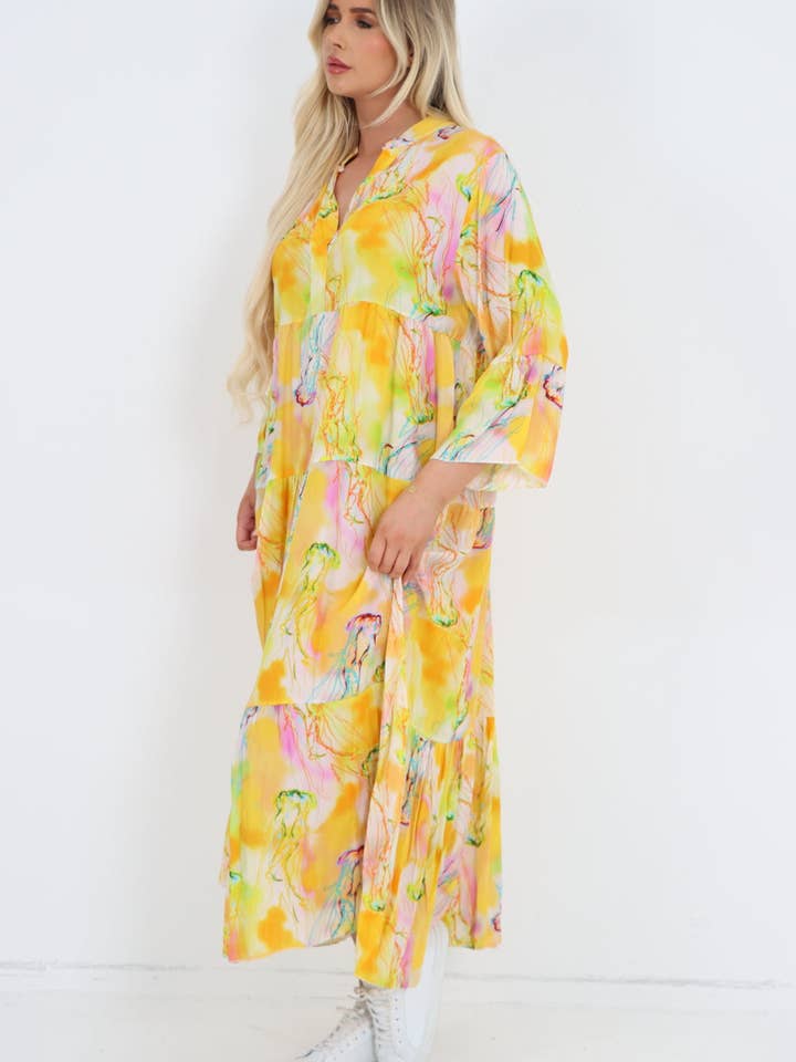 Miss Bold - Wholesale Dress - Women's - Italian Pastel Watercolour Abstract Print Tiered 3by4 Sleeve Maxi Dress2