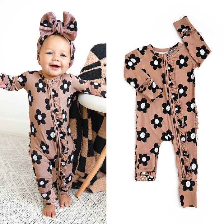 Coco RUFFLE ZIP Bamboo One Piece Flowers Baby Clothing for wholesale by Gigi and Max