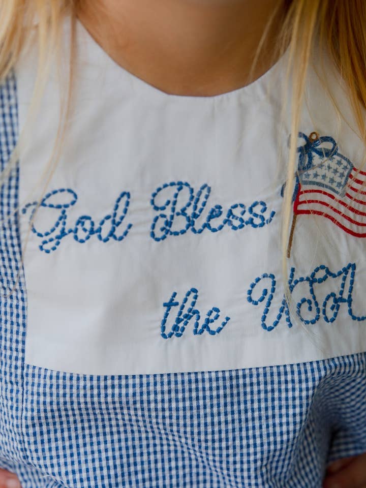 Posh Pickle - Wholesale Dress - Kids - God Bless the USA Seersucker Check Embroidered Kick Pleat Dress