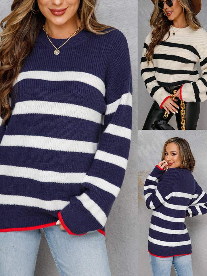 Sweetkama Ladies Stripe Print Long Sleeves Round Neck Top for wholesale by Sweetkama