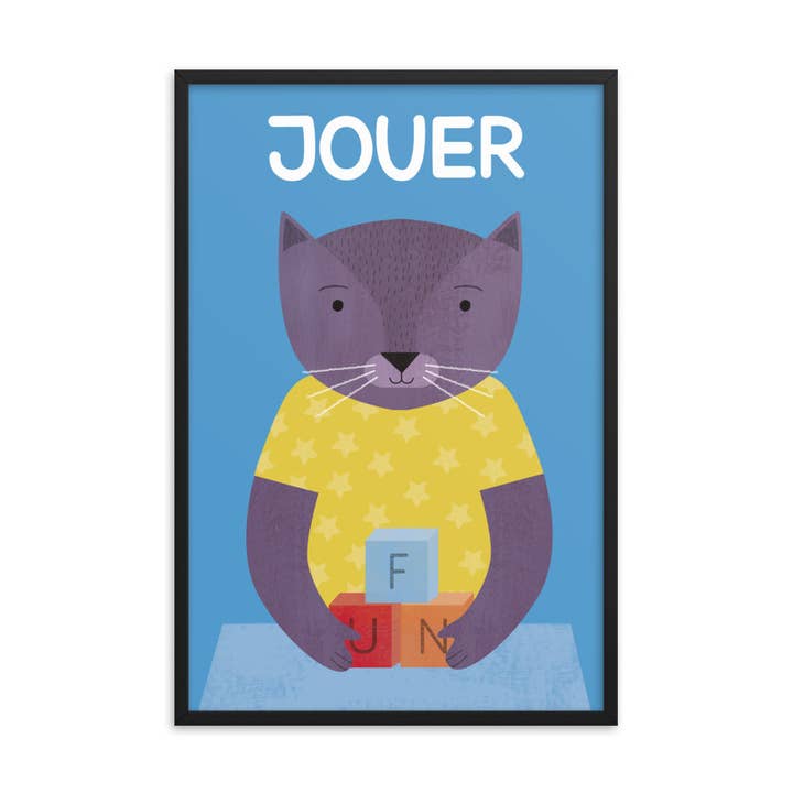 Playful Cat Framed Art Print - French for wholesale by gabo and mateo designs