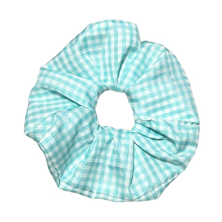 Light Blue Gingham Scrunchie for wholesale by Trash Bandit NYC