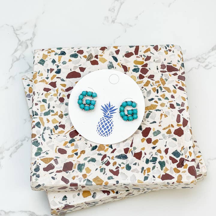 Prep Obsessed Wholesale - Wholesale Stud/Post Earrings - Semi-Precious Turquoise Initial Post Earrings4