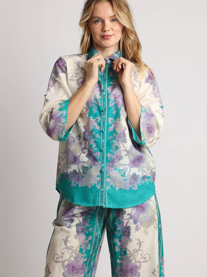 Whimsical Floral Print Linen Style Top & Pants Set QC6490 for wholesale by Beulah Style