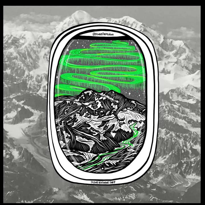Northern Lights: Airplane Window Seat View Sticker for wholesale by Drawn2adventure