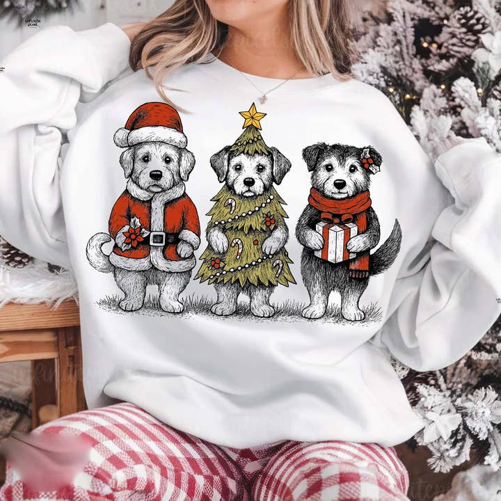 DLT Ecommerce - Wholesale T-shirt (graphic) – women's - Christmas Dogs Tee, Cute Puppies in Santa Outfit Sweatshirt 3