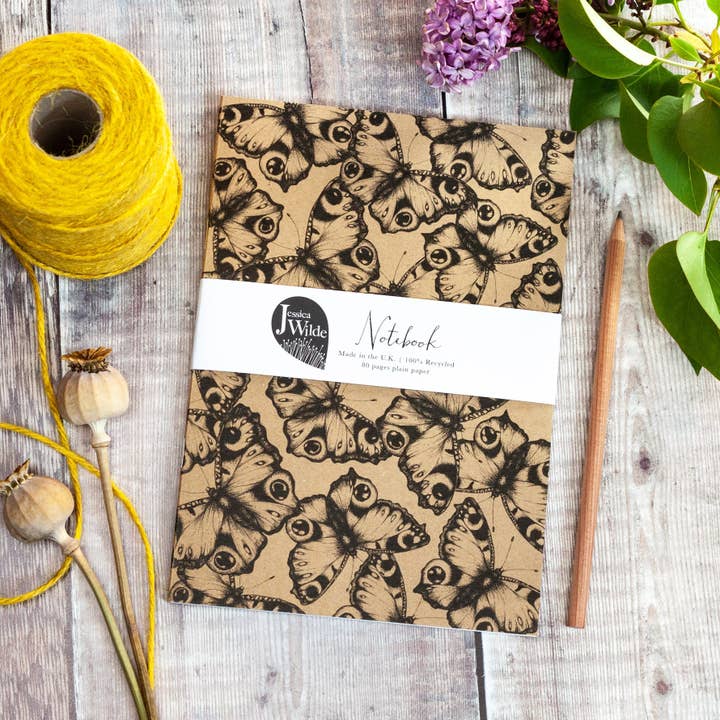 Peacock Butterfly Botanical A5 Eco Kraft Notebook for wholesale by Jessica Wilde