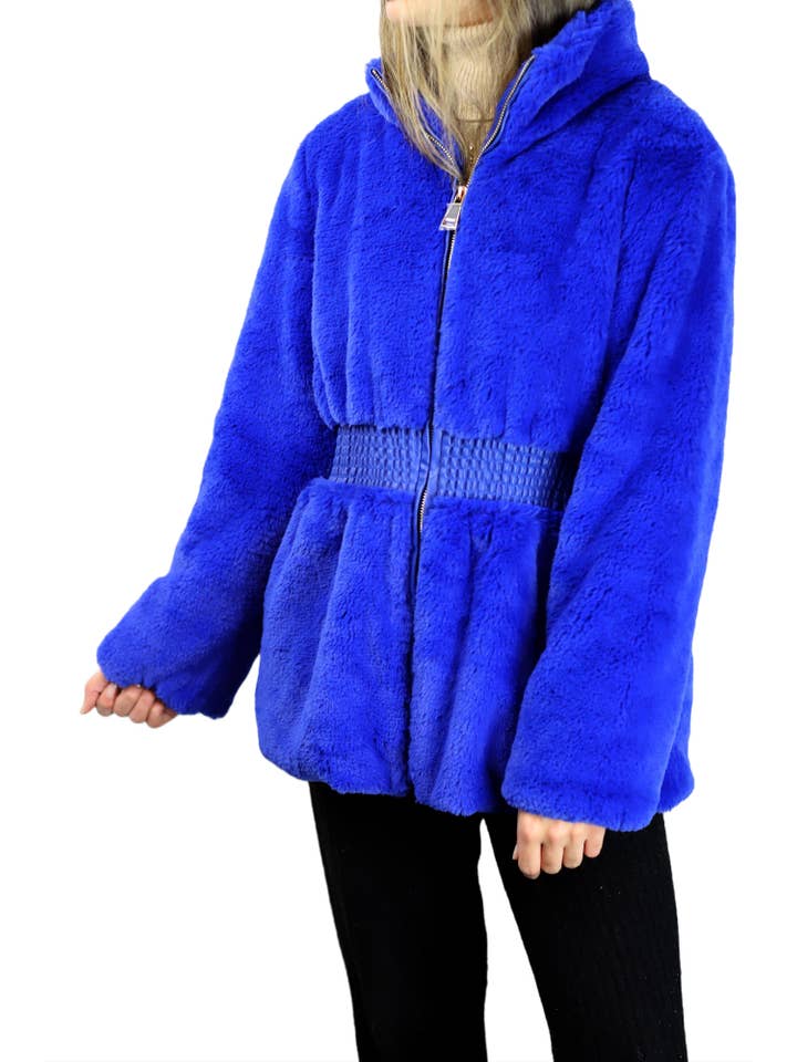 La Fiorentina - Wholesale Jacket - Women's - Plush Faux Fur Cinched Waist Jacket - Royal Blue