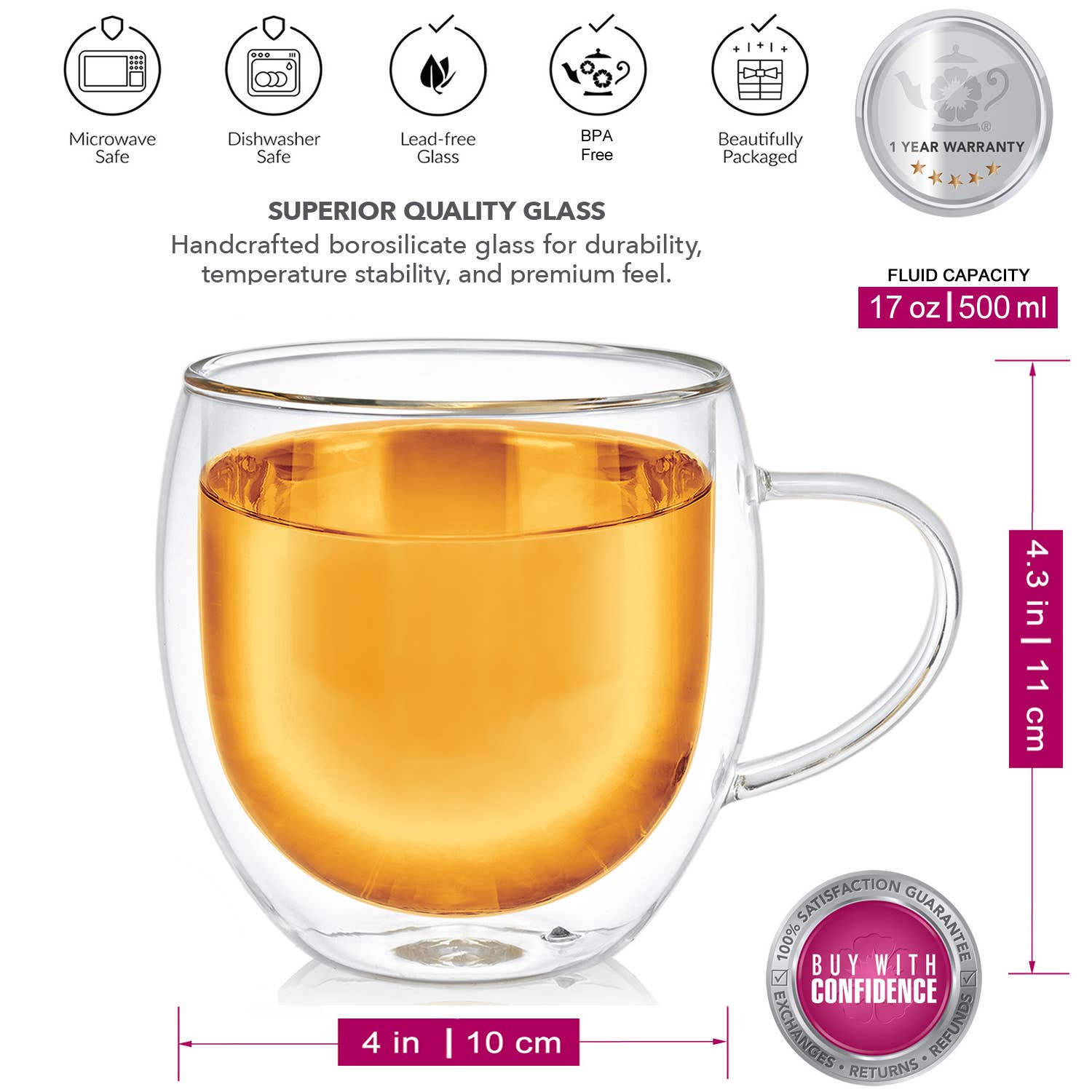 Teabloom Oversized Insulated Borosilicate Glass Mugs (17 oz / 500 ml) – Set  Includes 2 Mugs + 2 Blooming Teas – Premium Quality Microwave Safe Glasses